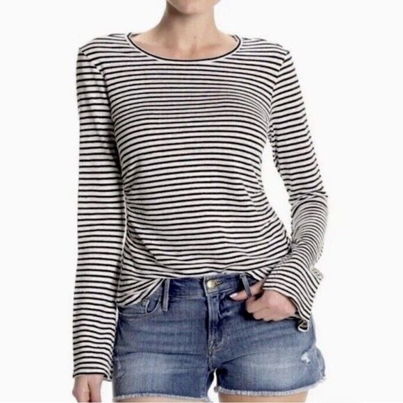 Frame Linen Blend Black & White Striped Long Sleeve Ruched Tee Size S - Picture 1 of 10